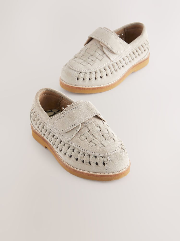 Neutral Suede Woven Loafers - Image 1 of 5