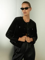 Reiss Black Viola Cropped Velvet Jacket - Image 1 of 6
