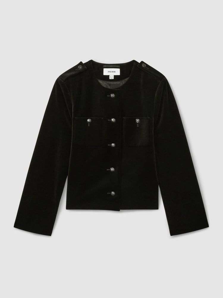 Reiss Black Viola Cropped Velvet Jacket - Image 2 of 6
