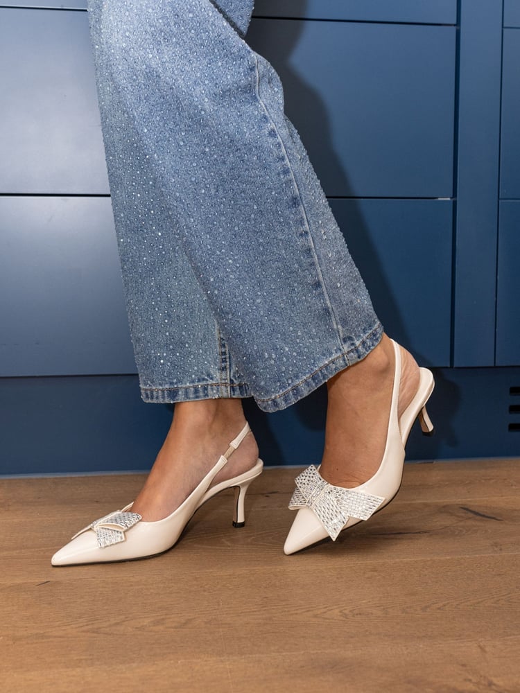 Novo Cream Regular Fit Isernia Luxe Diamante Bow Slingback Court Shoes - Image 1 of 6 Novo Cream Regular Fit Isernia Luxe Diamante Bow Slingback Court Shoes - Image 1 of 6