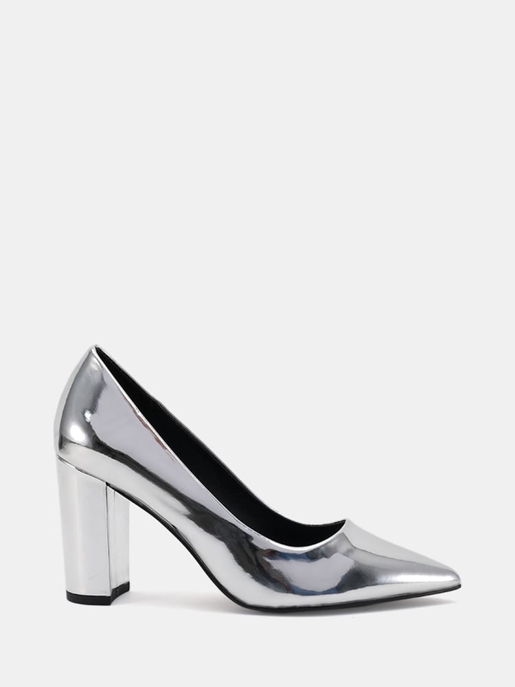 Novo Silver Wide Fit Illiana Block Heel Point Court Shoes - Image 2 of 6 Novo Silver Wide Fit Illiana Block Heel Point Court Shoes - Image 2 of 6