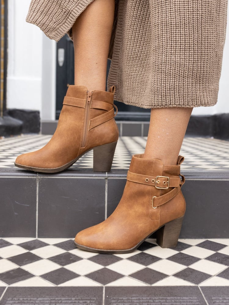 Novo Brown Regular Fit Jayda Buckle Detail Heeled Boots - Image 1 of 6