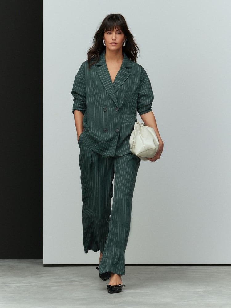 Green Stripe Elasticated Back Wide Leg Trousers - Image 1 of 7