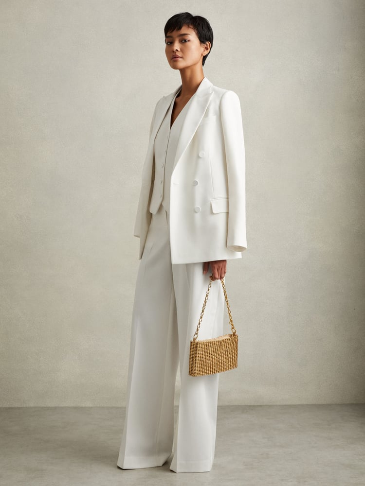 Reiss White Leanna Petite Wool Blend Wide Leg Tux Trousers - Image 1 of 7