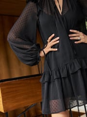 Friends Like These Black Long Sleeve Dobby Chiffon Mini Dress With Tie Neck - Image 2 of 4