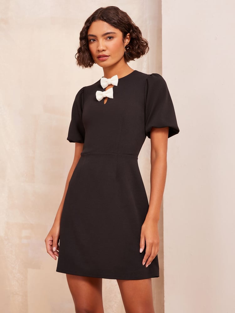 Friends Like These Black Short Sleeve Mini Dress With Bow Detailing - Image 2 of 4