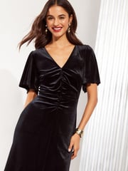 Friends Like These Black Petite Velvet Ruched Front Flutter Sleeve Midi Dress - Image 2 of 4