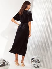 Friends Like These Black Petite Velvet Ruched Front Flutter Sleeve Midi Dress - Image 4 of 4