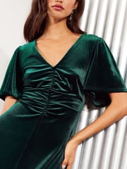 Friends Like These Green Petite Velvet Ruched Front Flutter Sleeve Midi Dress - Image 2 of 4
