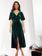 Friends Like These Green Petite Velvet Ruched Front Flutter Sleeve Midi Dress - Image 3 of 4