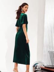 Friends Like These Green Petite Velvet Ruched Front Flutter Sleeve Midi Dress - Image 4 of 4