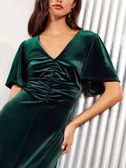 Friends Like These Green Velvet Ruched Front Flutter Sleeve Midi Dress - Image 2 of 4
