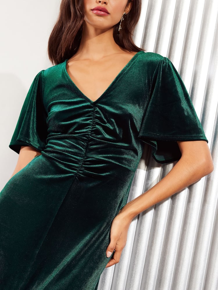 Friends Like These Green Velvet Ruched Front Flutter Sleeve Midi Dress - Image 2 of 4