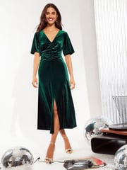Friends Like These Green Velvet Ruched Front Flutter Sleeve Midi Dress - Image 3 of 4