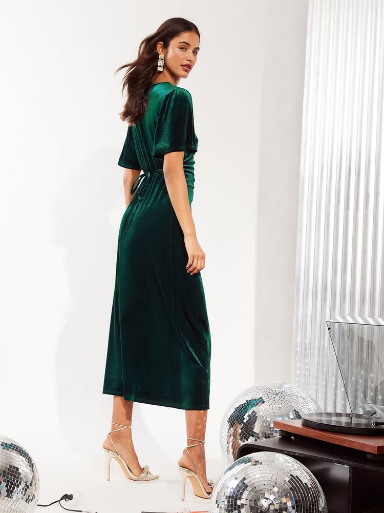 Friends Like These Green Velvet Ruched Front Flutter Sleeve Midi Dress - Image 4 of 4