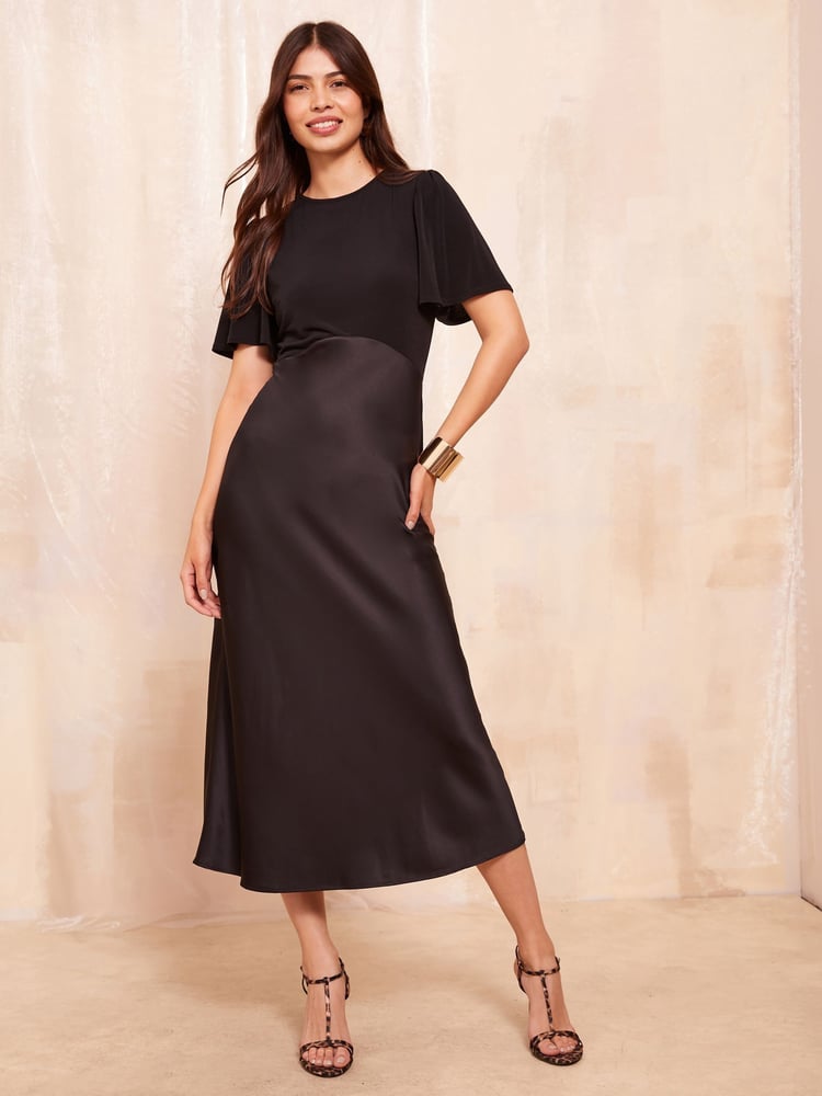 Friends Like These Black Flutter Sleeve Satin 2 In 1 Midi Dress - Image 1 of 4