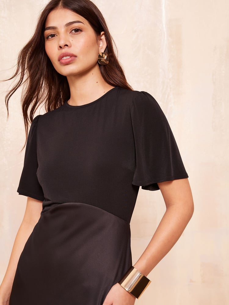 Friends Like These Black Flutter Sleeve Satin 2 In 1 Midi Dress - Image 2 of 4