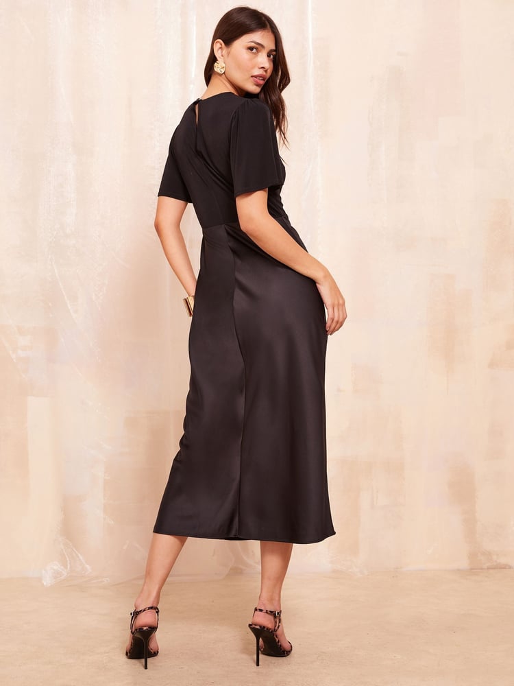 Friends Like These Black Flutter Sleeve Satin 2 In 1 Midi Dress - Image 4 of 4