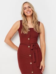 Long Tall Sally Red Sleeveless Ribbed Button Thru Dress - Image 4 of 4