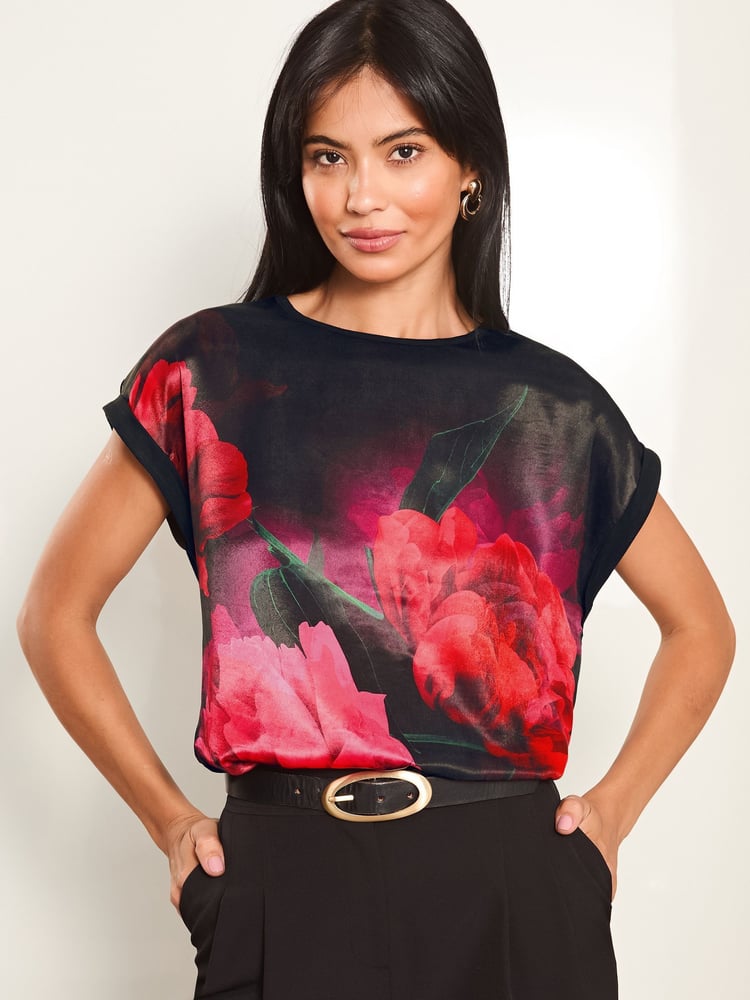 Lipsy Red Round Neck Printed Satin T-Shirt - Image 1 of 4 Lipsy Red Round Neck Printed Satin T-Shirt - Image 1 of 4
