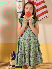 Joules Butterly Green Print Frill Sleeve Dress - Image 1 of 7