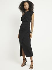 River Island Black Drape Asym Wrap Midi Dress - Image 1 of 6