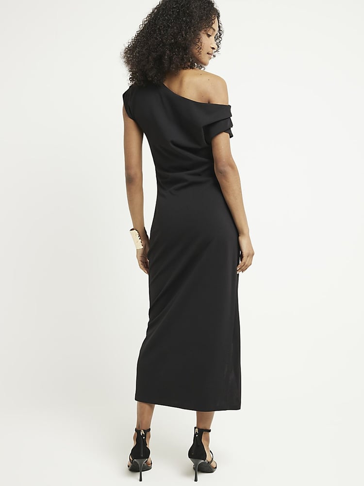 River Island Black Drape Asym Wrap Midi Dress - Image 2 of 6 River Island Black Drape Asym Wrap Midi Dress - Image 2 of 6