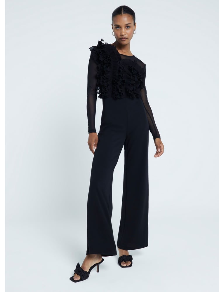 River Island Black Volume Frill Front Jumpsuit - Image 1 of 6 River Island Black Volume Frill Front Jumpsuit - Image 1 of 6