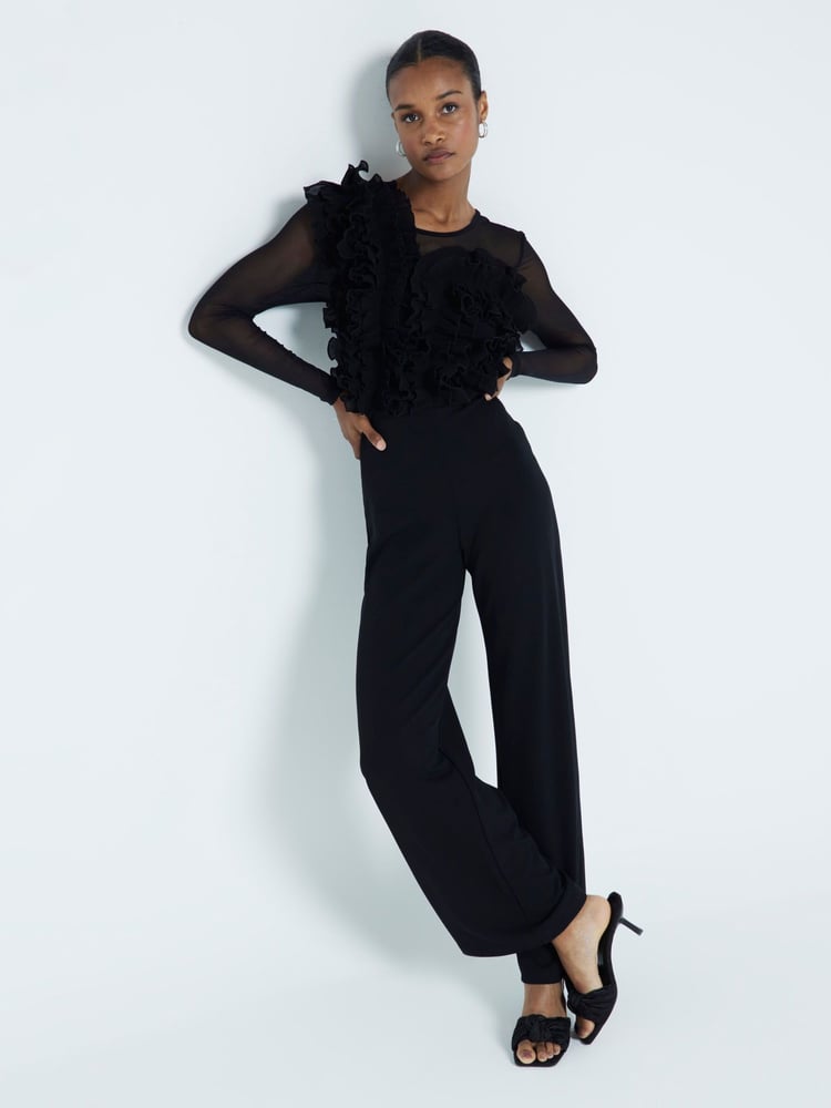 River Island Black Volume Frill Front Jumpsuit - Image 2 of 6 River Island Black Volume Frill Front Jumpsuit - Image 2 of 6