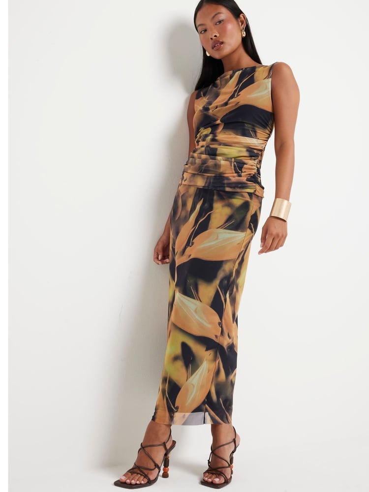 River Island Yellow Petite Mesh Column Midi Skirt - Image 1 of 4