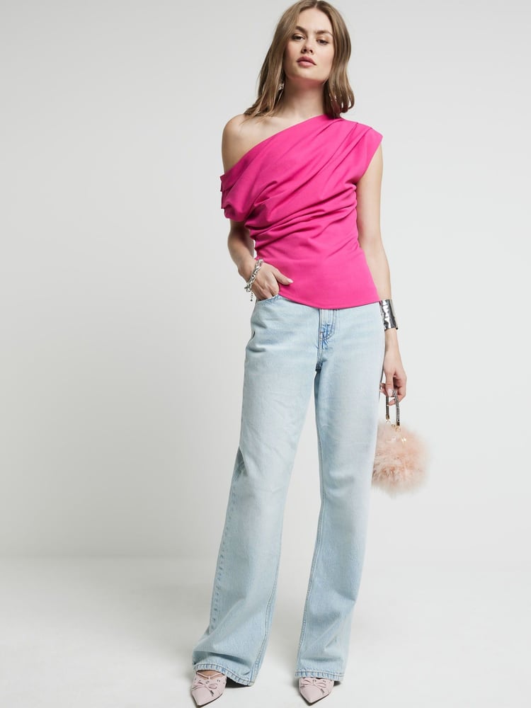 River Island Pink Bright Off Shoulder Drape Top - Image 1 of 4 River Island Pink Bright Off Shoulder Drape Top - Image 1 of 4