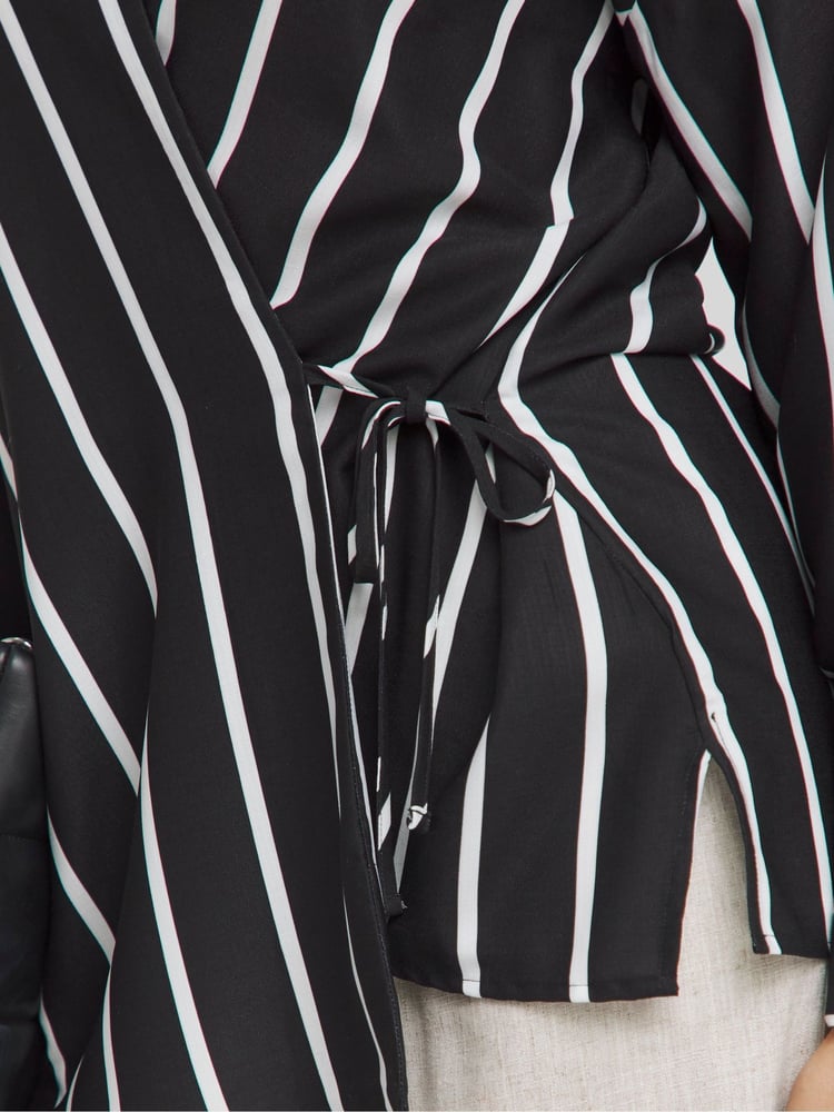 Simply Be Mono Striped Tie Front Wrap Shirt - Image 4 of 4 Simply Be Mono Striped Tie Front Wrap Shirt - Image 4 of 4