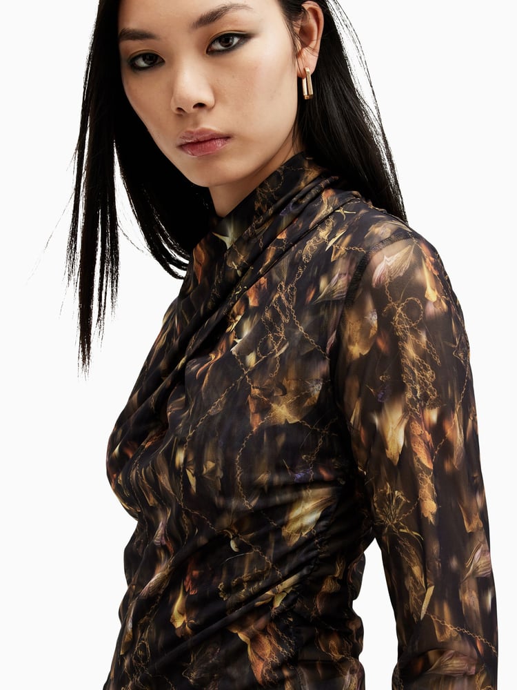 AllSaints Brown Tia Mesh Top - Image 2 of 7