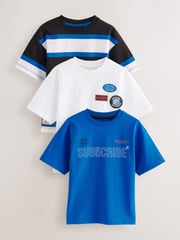 Cobalt Blue/White Stripe Sub5cribe Relaxed Fit Graphic Print Short Sleeve 100% Cotton T-Shirts 3 Pack (3-16yrs) - Image 1 of 7