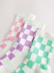 White, Pink, Purple and Green 3 Pack Cotton Rich Checkerboard Cushioned Sole Ankle Socks - Image 5 of 6