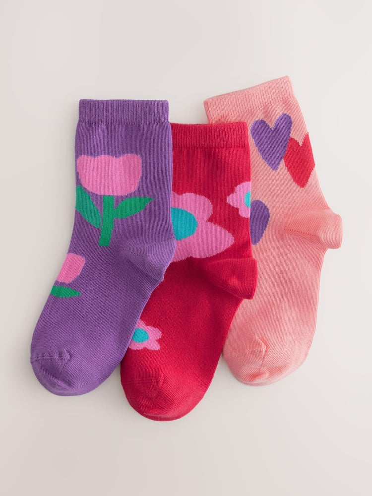 Red/Purple 3 Pack Cotton Rich Ankle Socks - Image 1 of 3