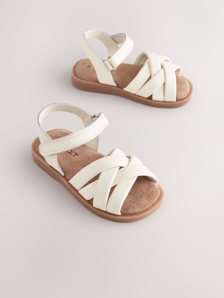 White Wide Fit (G) Leather Woven Sandals With Touch Fastening - Image 1 of 5