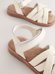 White Wide Fit (G) Leather Woven Sandals With Touch Fastening - Image 4 of 5