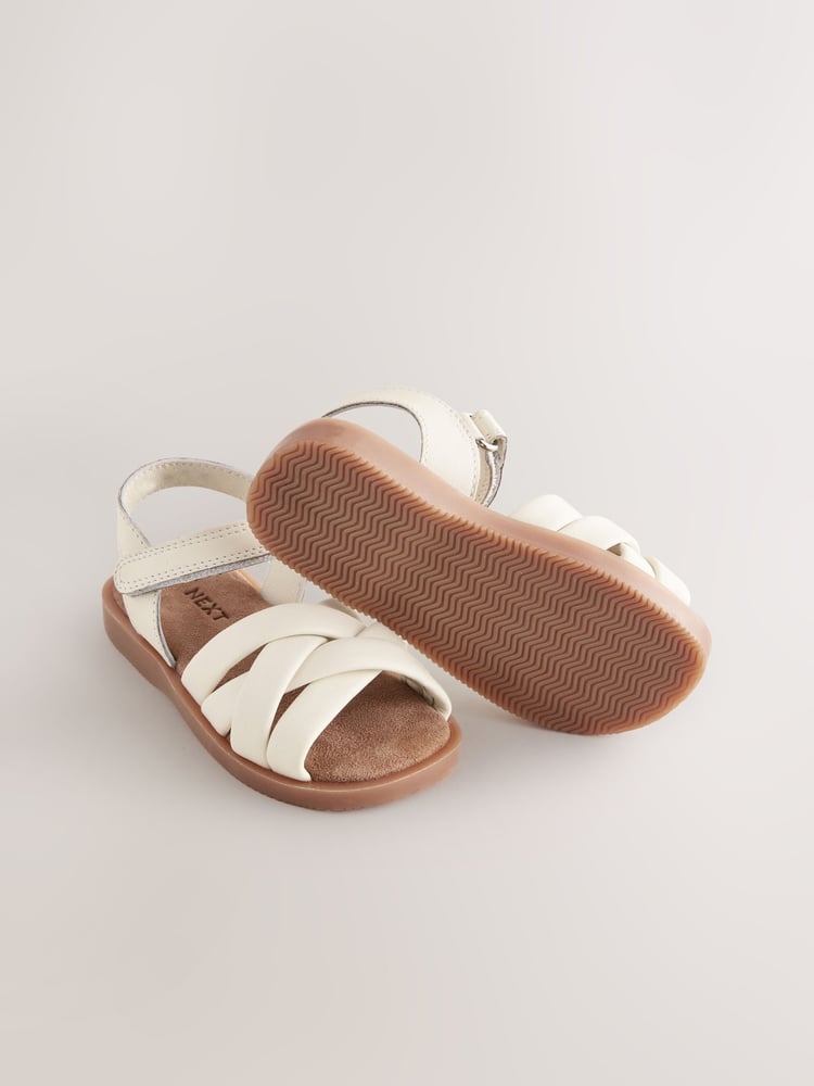 White Wide Fit (G) Leather Woven Sandals With Touch Fastening - Image 5 of 5