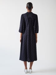 LK Bennett Blue Hester Viscose 40S Spot Tie Neck Gather Front Dress - Image 2 of 4