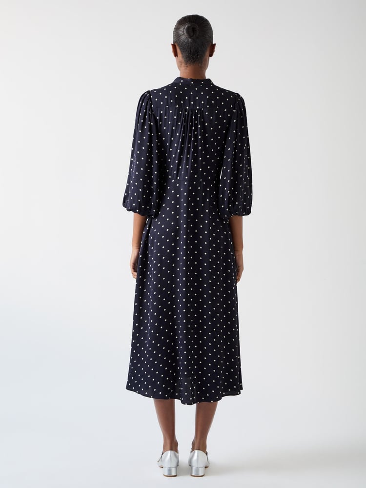 LK Bennett Blue Hester Viscose 40S Spot Tie Neck Gather Front Dress - Image 2 of 4
