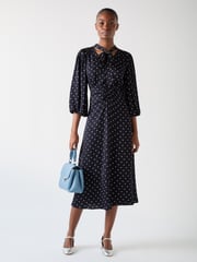 LK Bennett Blue Hester Viscose 40S Spot Tie Neck Gather Front Dress - Image 3 of 4