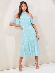 Lipsy Mint Green Polka Dot Cold Shoulder Halter Neck Midi Dress - Image 1 of 4