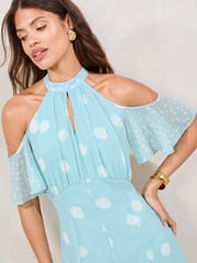 Lipsy Mint Green Polka Dot Cold Shoulder Halter Neck Midi Dress - Image 2 of 4