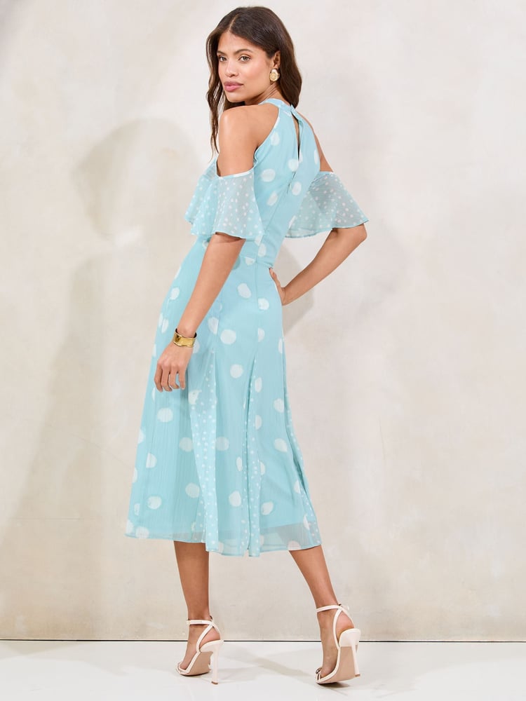 Lipsy Mint Green Polka Dot Cold Shoulder Halter Neck Midi Dress - Image 4 of 4