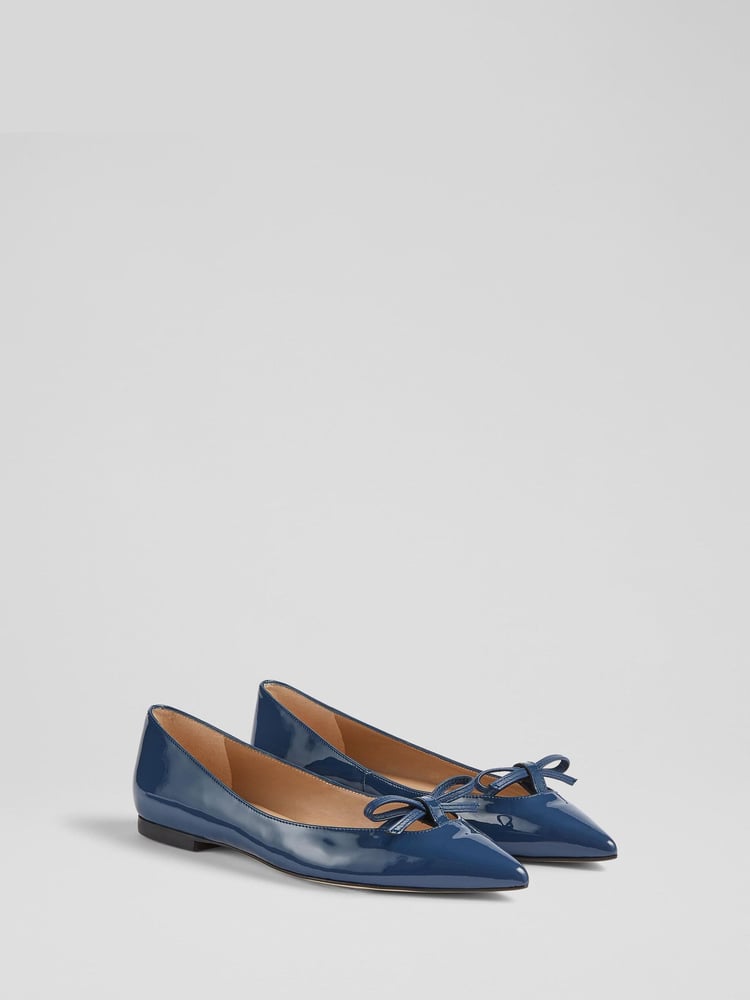 LK Bennett Blue Lynne Patent Mini Bow Flats - Image 2 of 4