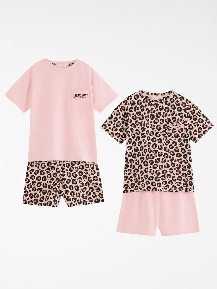 Lipsy Pink Leopard Printed Jersey Cotton Pyjamas 2 Pack (5-16yrs) - Image 1 of 4