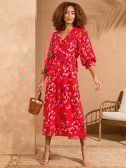 Love & Roses Red Floral Pleated Ruffle Midi Dress - Image 1 of 4