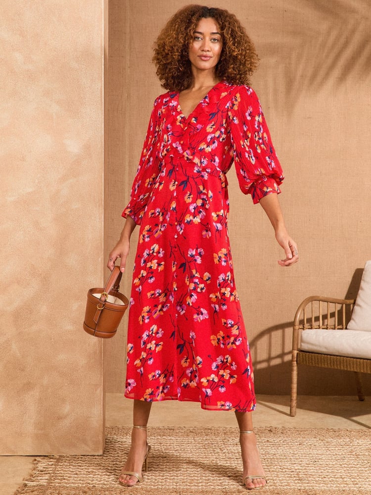 Love & Roses Red Floral Pleated Ruffle Midi Dress - Image 1 of 4