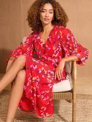 Love & Roses Red Floral Pleated Ruffle Midi Dress - Image 3 of 4